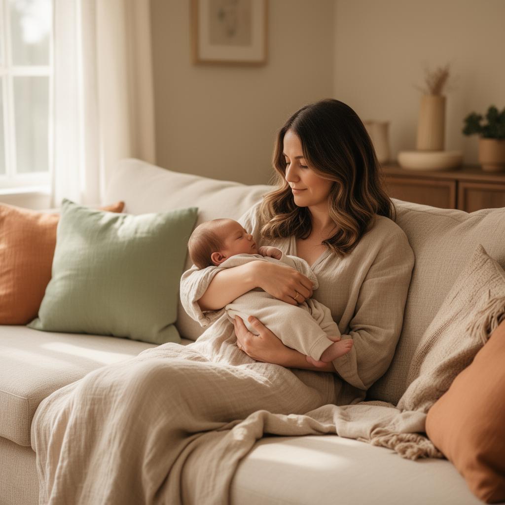 A mother cradling her newborn baby in a sunlit living room