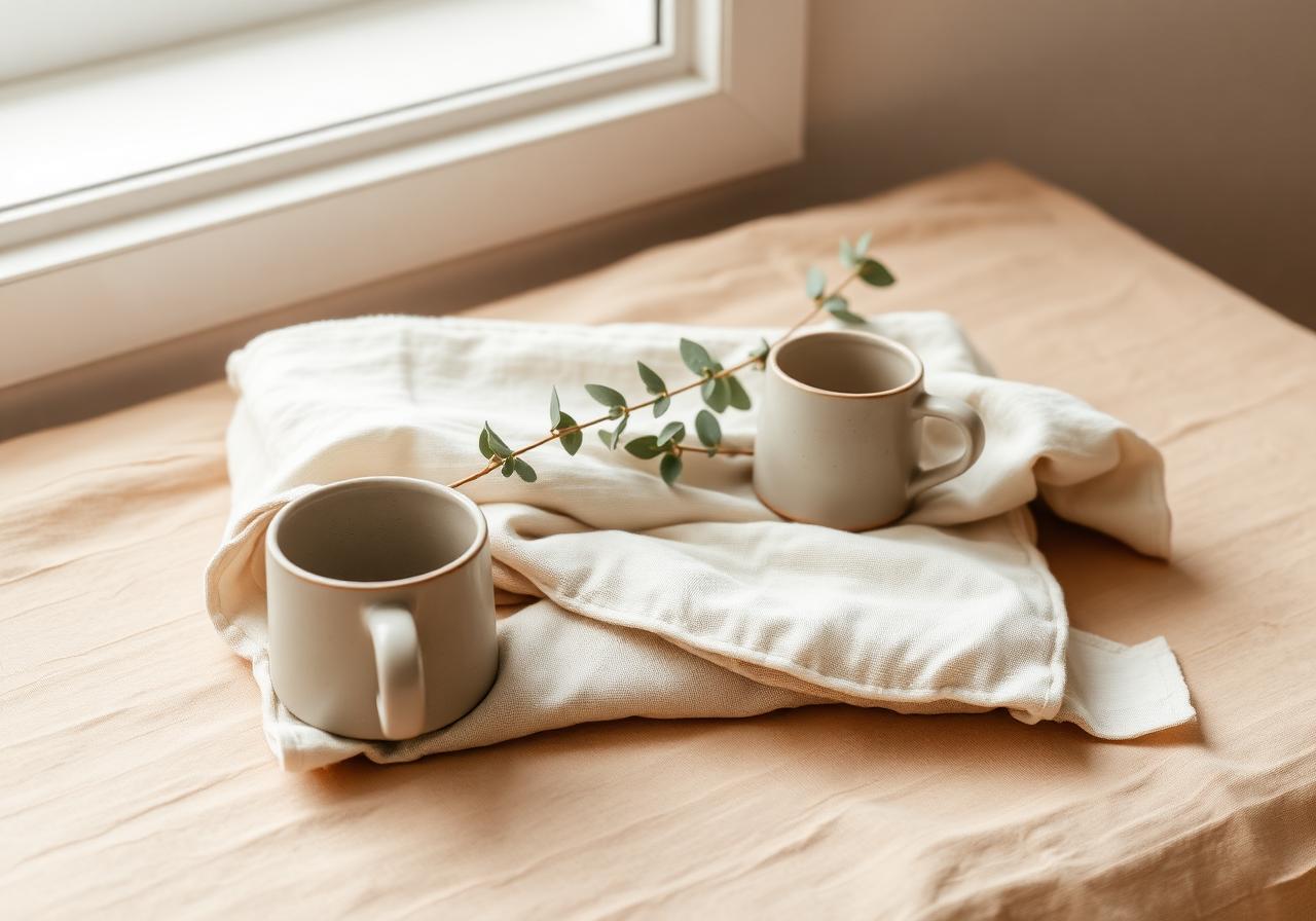 A folded muslin blanket, ceramic mug, and eucalyptus on warm linen